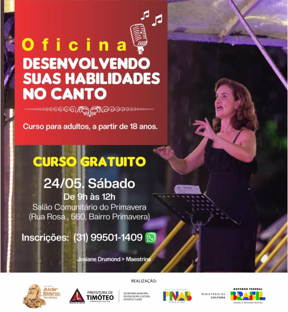 Oficina Gratuita de Canto com Josiane Drumond está de volta a Timóteo!