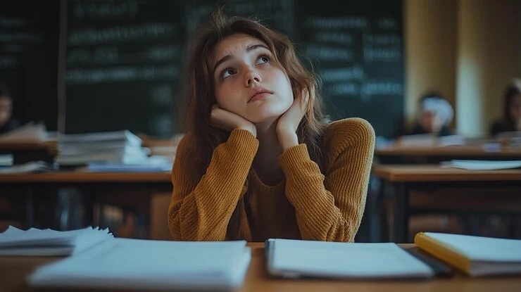 uma estudante senta se em uma mesa com a cabeca na cabeca e a mao na cabeca 1322386 35787