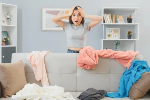 A BAGUNÇA INVISÍVEL: COMO A DESORDEM EM CASA IMPACTA A SAÚDE FÍSICA E EMOCIONAL DAS MULHERES 4 imgi 112 jovem mulher asiatica olhando para a bagunca em sua sala de estar na lavanderia espalhada em panico segurando as maos na cabeca preocupada e estressada 141793 130909
