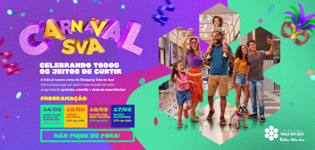 SHOPPING VALE DO AÇO REALIZA PROGRAMAÇÃO GRATUITA DE CARNAVAL PARA TODA A FAMÍLIA A PARTIR DESTE SÁBADO 2 SVA5942 4 FEV26 carnaval 2026 banner home site 1468x699px 1 e1771006931491
