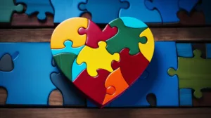 MUITO ALÉM DO AZUL: COMO PRATICAR A INCLUSÃO O ANO INTEIRO. 2 view heart shape made from puzzle pieces