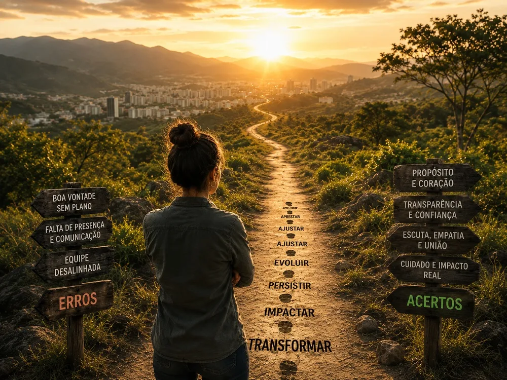 LIDERANÇA VULNERÁVEL: 3 ERROS REAIS DE UMA LÍDER VOLUNTÁRIA 1 Ilustração de uma mulher observando um caminho ao pôr do sol com placas indicando erros e acertos na liderança voluntária e pegadas marcando a evolução do processo.