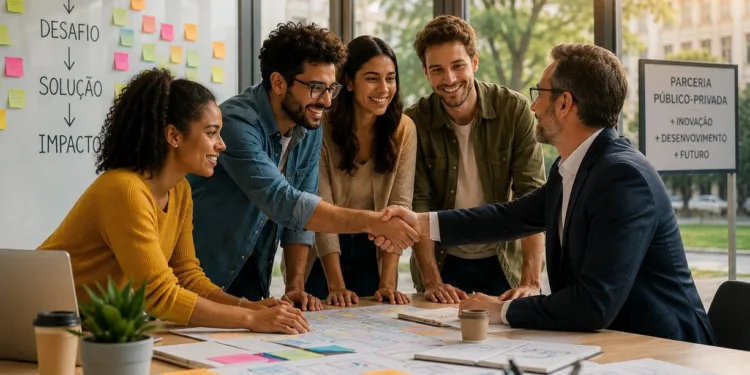 INOVAÇÃO NO SETOR PÚBLICO: 5 PASSOS PARA SUA REGIÃO SER UM BERÇO PARA STARTUPS 2 Reunião de equipe de inovação fazendo parceria com gestão pública para desenvolvimento de startups regionais.